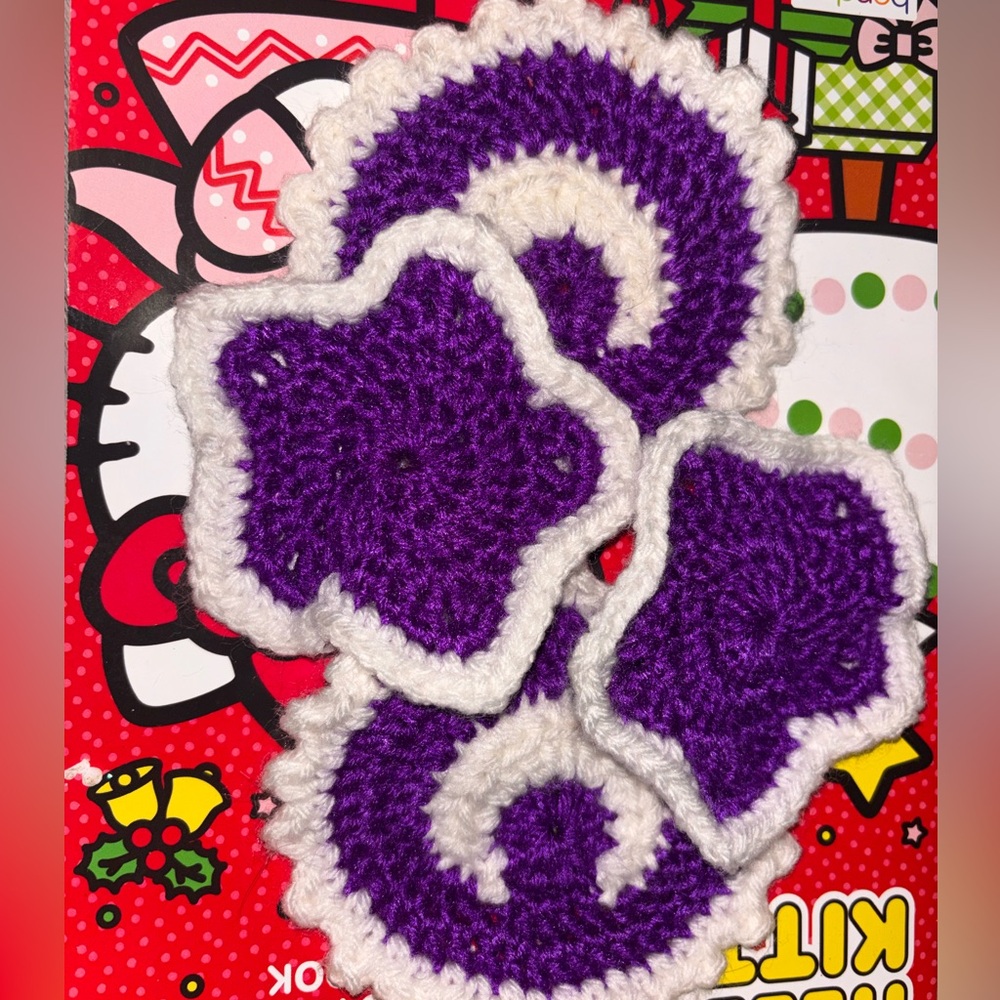 Purple and White Star and Moon Crochet Coasters